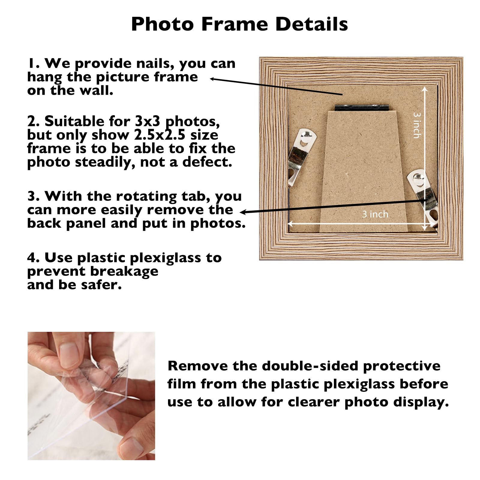 JCJMY 3x3 Picture Frame for Tabletop, 3 x 3 Square Photo Frame with Shatter Resistant Plexiglass, Sturdy 3 by 3 Poster Frame, Ru